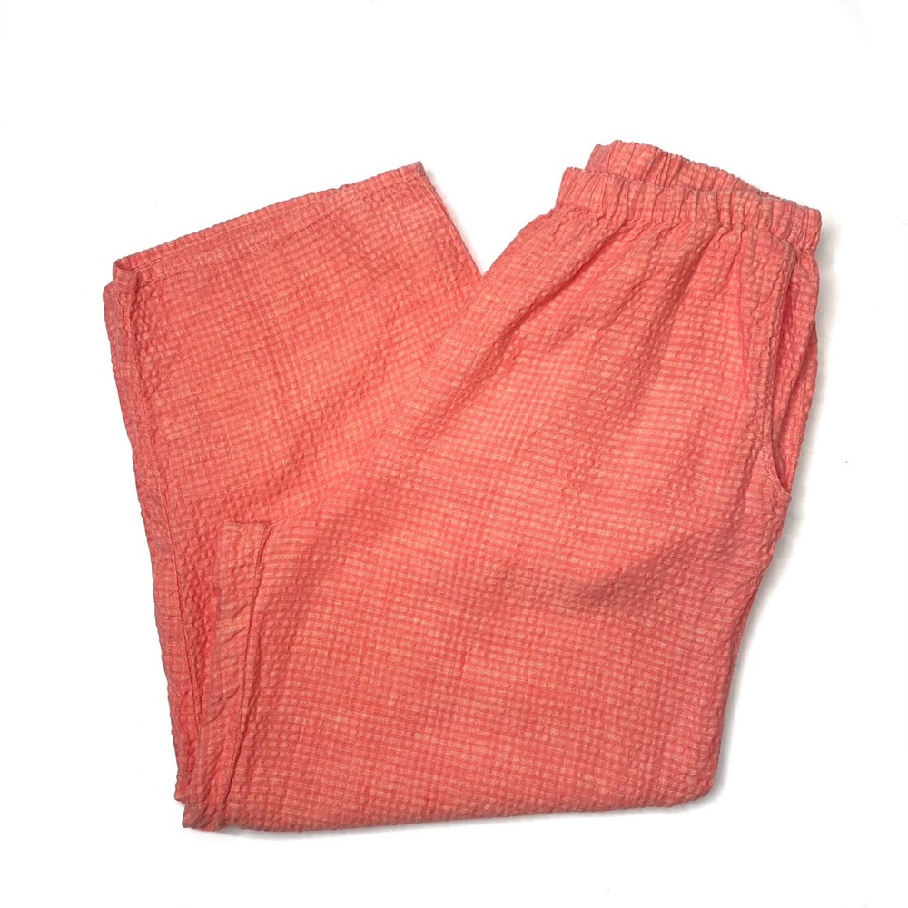 FLAX Linen Seersucker Wide Leg Flood Pants Coral Orange Pull On Pockets Medium - Picture 8 of 8